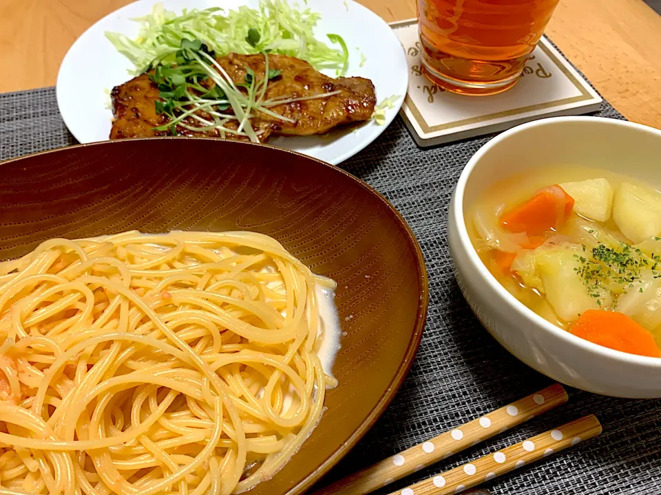 明太子クリームパスタ、トンテキ、ポトフスープ|maa@さん