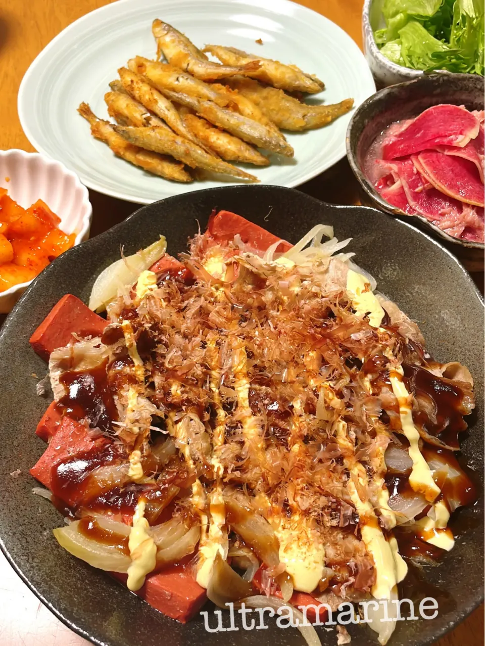 ＊赤こんのねぎ焼きと小鮎のから揚げ、紅芯大根のさっぱり漬け＊|ultramarineさん