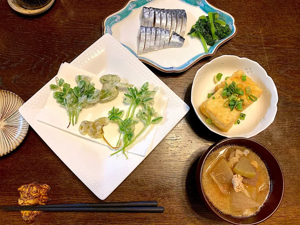 雑草の天ぷら、シメサバ、揚げ出し豆腐、豚汁|カドラさん