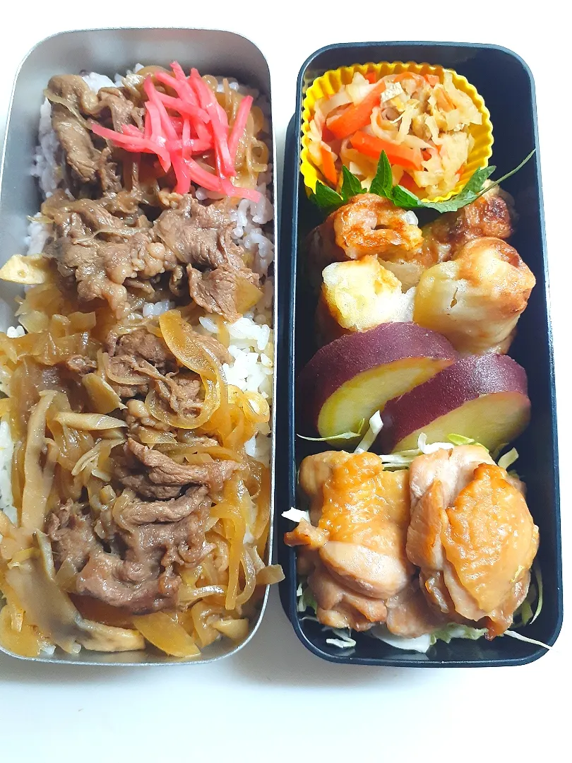 ☆中学生弁当☆牛丼、切干大根、竹輪天、薩摩芋甘煮、キャベツ、鶏照焼|ｼｮｺﾗさん