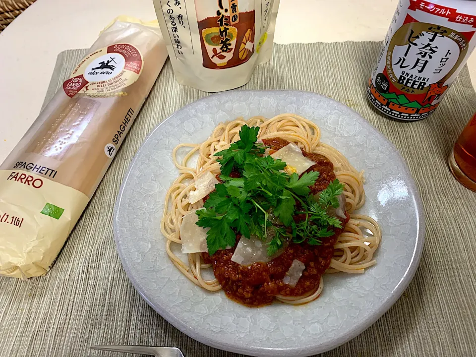 和風トマト入りボロネーゼ　玉露園モニター椎茸茶　有機スペルト小麦パスタ|KimaLABOさん