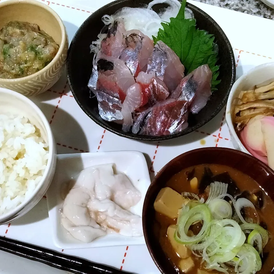 鯵三昧　
刺し身、なめろう、白子ポン酢|あぁちゃんさん