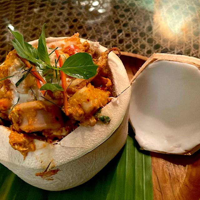 Hor Mok Talay Steamed Curry with Mixed Seafood in Young Coconut