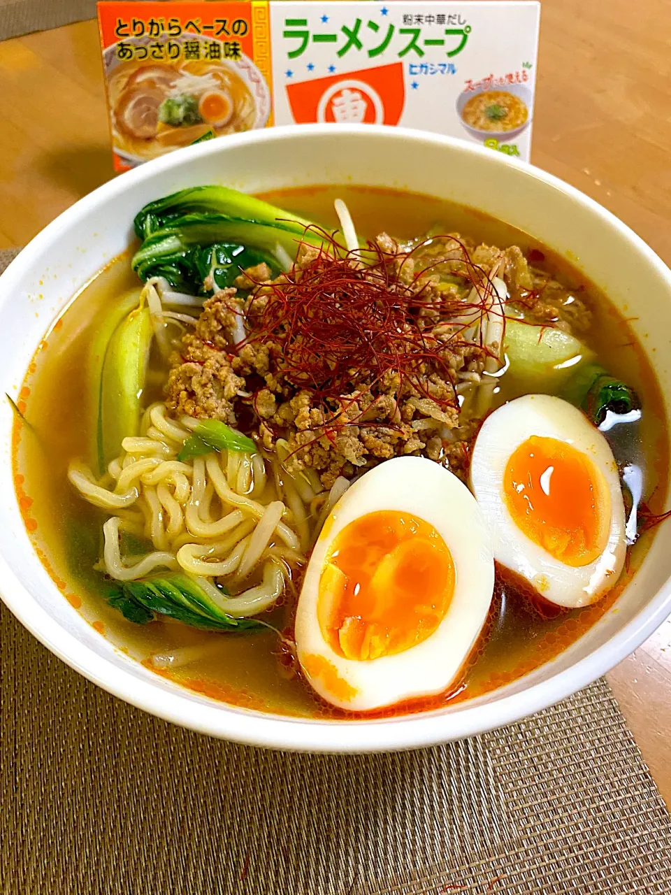 ヒガシマル醤油さんのラーメンスープ🍜de 台湾風 ピリ辛ラーメン|ぽっちさん