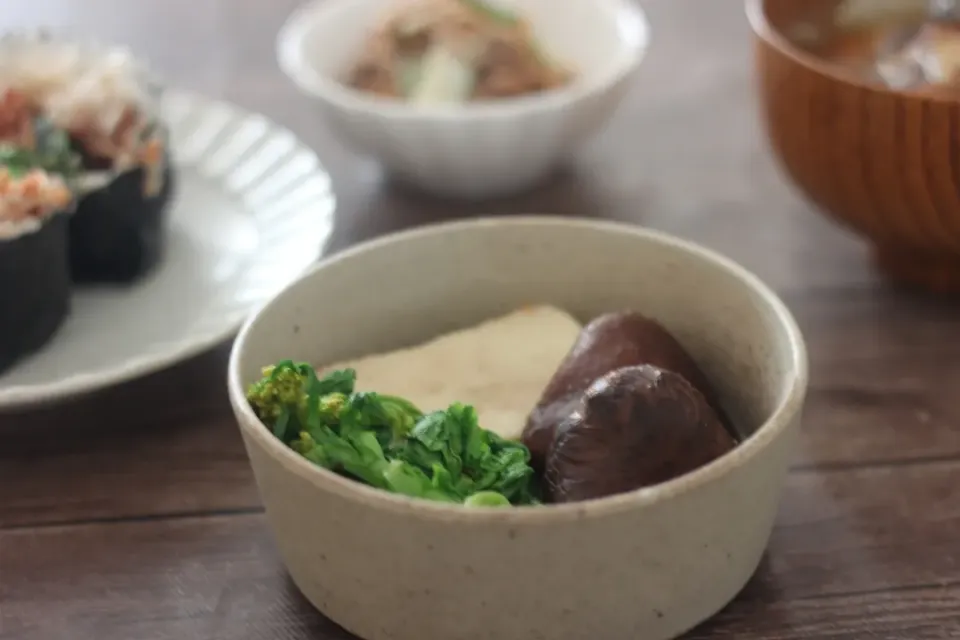 菜の花と高野豆腐、椎茸の白だし煮|ちいさなしあわせキッチンさん