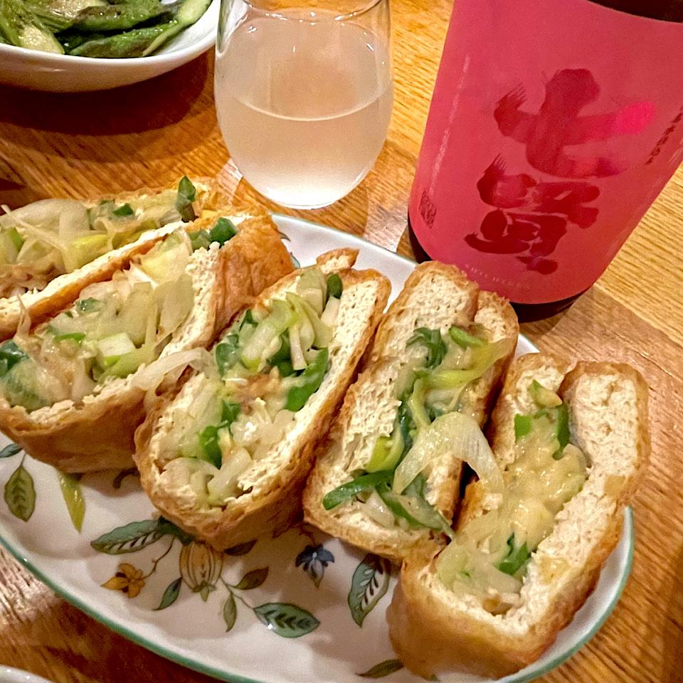栃尾揚げのネギ味噌チーズはさみ焼き