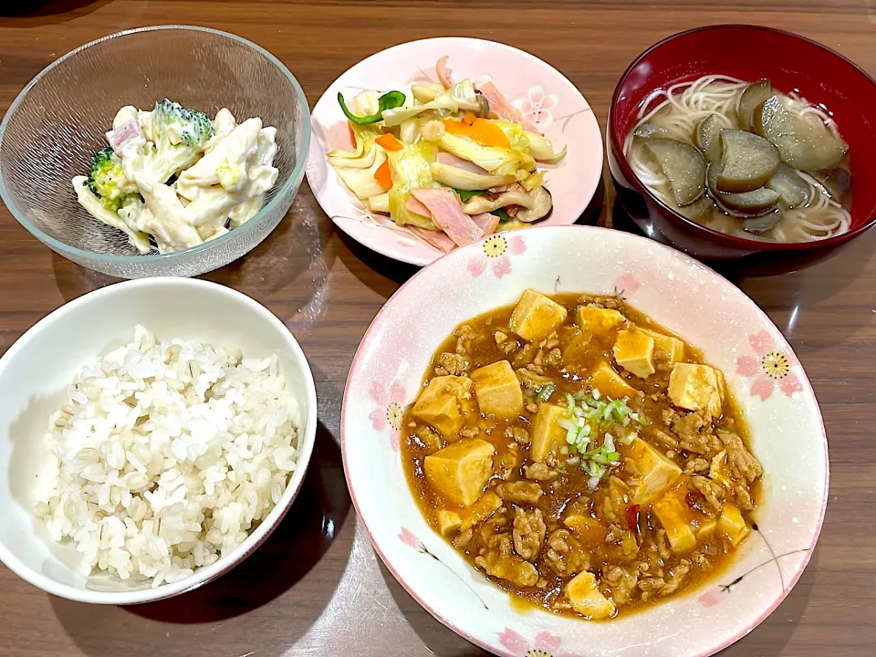 Snapdishの料理写真:麻婆豆腐　茄子の煮麺　ハムとキャベツのガリバタ炒め　ブロッコリーとペンネのサラダ|おさむん17さん