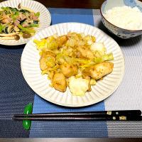チキンとキャベツのガーリック炒め &  小松菜ときのこのベーコン炒め