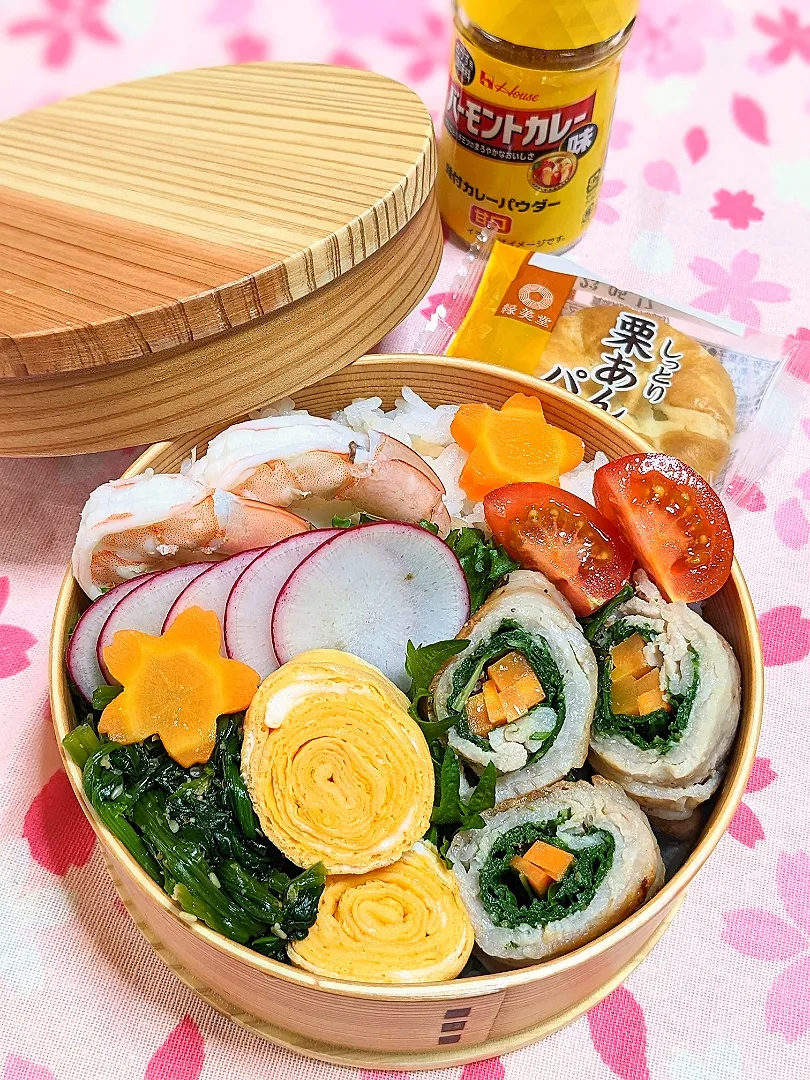 あるもんでちらし寿司と水菜の豚ばら肉ロールカレー味弁当〜|f.1125beさん