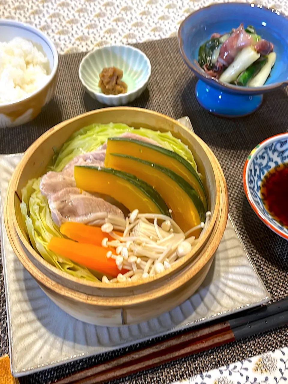 蒸籠蒸し　ホタルイカのぬた和え　ごぼう味噌|reliさん