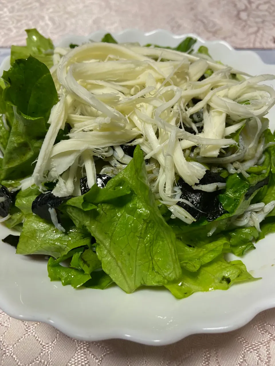 しらすと海苔そしてサケルチーズサラダ|ネコさん