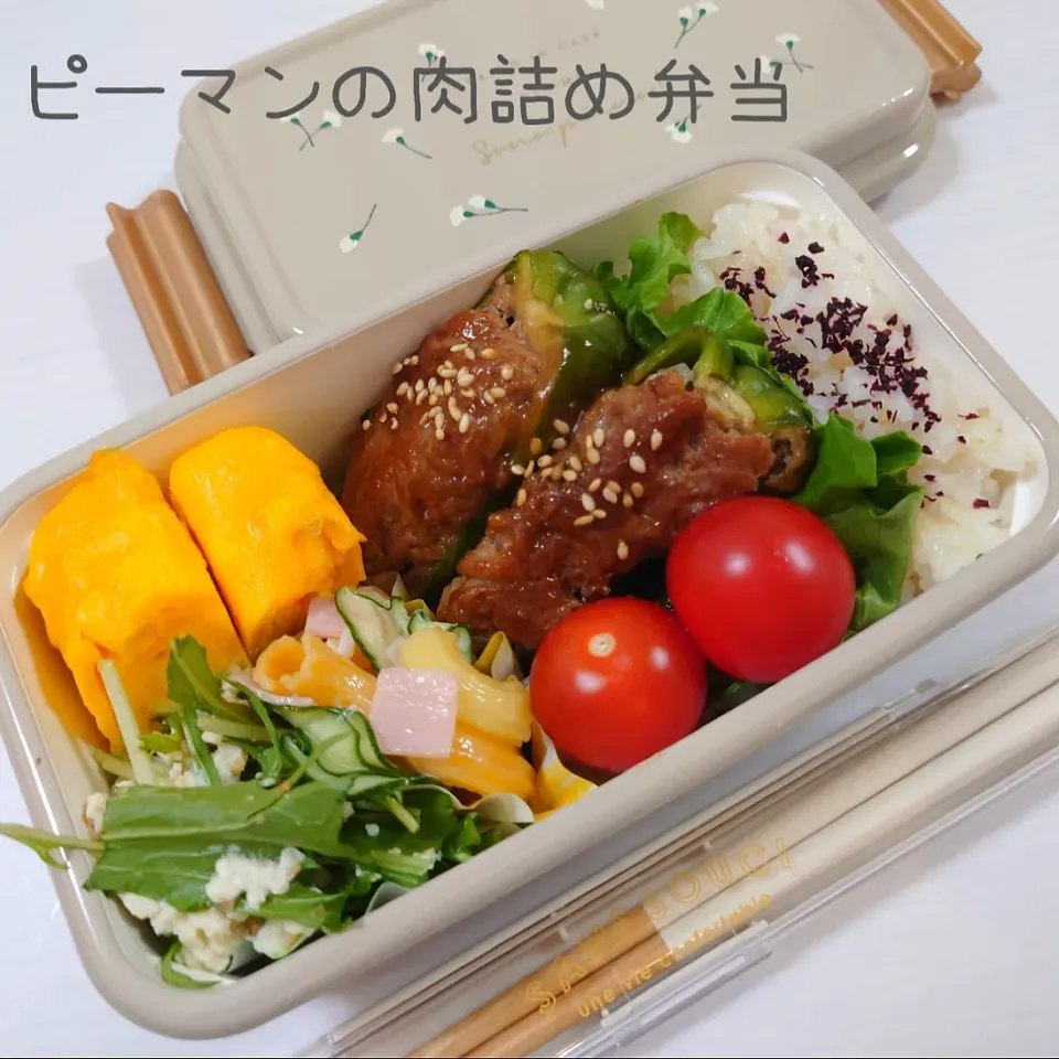 ピーマンの肉詰め弁当。

#本日のお弁当
◎ピーマンの肉詰め夜ごはん
　玉ねぎ半分をみじん切りにし、600wで3分加熱し冷ます。パン粉1/2カップ、アーモンドミルク大さじ2、卵半分を合わせ馴染ませる。合い挽き肉300g、玉ねぎ、ナツメグ、塩胡椒少々を加えよく捏ね、小麦粉をまぶしたピーマンに詰める。
　両面を焼き、肉側を下にして、水100cc、オイスターソース:酒:みりん 2:1:1を入れ蓋をして蒸し焼きにする。蓋をとり、煮詰めて仕上げに白ごまをふりかけて完成。
◎カラフルマカロニサラダ
　茹でたマカロニ、塩揉みしたきゅうり、ハム、酢:マヨネーズ 1:5、塩胡椒とはちみつ少々を混ぜ合わせる。
◎豆腐と水菜のサラダ
　豆腐、白だし、おろし生姜、すりごま、はちみつ少々をよく混ぜ、水菜を和え、仕上げに白ごまをふりかける。
◎コーン入りだし巻き卵
◎五分付き玄米
◎プチトマト|郁さん