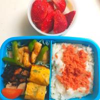 ☆小学生弁当☆玄米入り鮭ごはん、焼鳥、ひじき煮物、高野豆腐、シラス葱卵焼き、苺