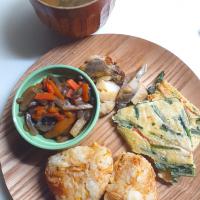 ☆夕飯☆筍、油揚げ出汁むすび、チヂミ、鱈生姜焼、根菜煮、味噌汁