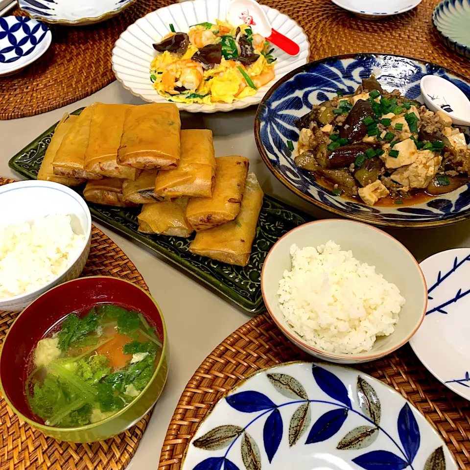 春巻き・麻婆茄子エビと卵の炒め物・味噌汁|kekekeさん