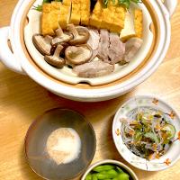 ヘルシー蒸し土鍋で蒸し物(甘酒ゴマだれ)と春雨の酢の物、枝豆❀.(*´◡`*)❀.
