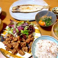 大豆ミート乾燥ブロックでざくざく衣の絶品唐揚げ🤍かますの一夜干し🤍具沢山お味噌汁🤍切り干し大根のお漬物🤍納豆🤍五分付き米と赤米ご飯