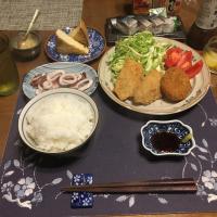 アジフライとコロッケと絹厚揚げの網焼きと釜茹でイカの刺身(夕飯)