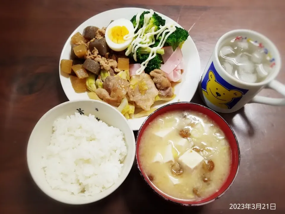 2023年3月21日の晩ご飯
豚肉とキャベツの味噌炒め
鶏ひき肉と大根こんにゃくの甘辛煮
茹でブロッコリーサラダ
豆腐となめこのお味噌汁|ソラ♂のご飯さん