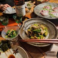 牡蠣とブロッコリー炒め、いなだお刺し身、ノカンゾウの酢味噌和え