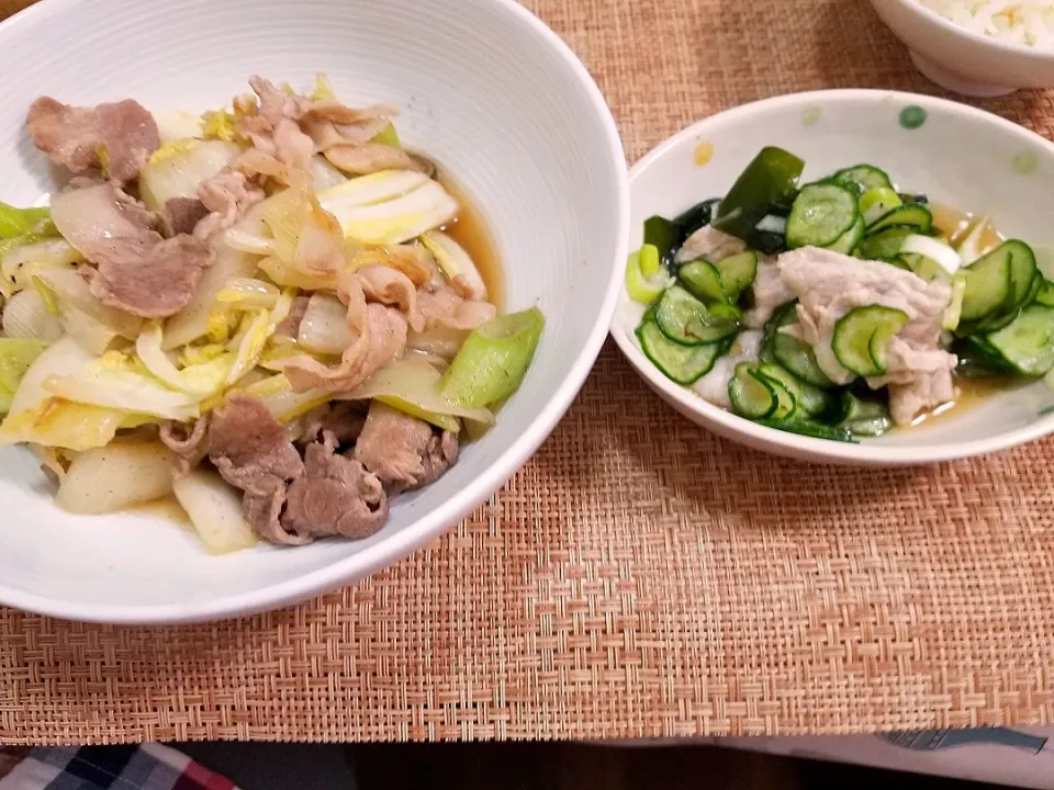 豚肉、白菜、ネギの生姜炒め
豚肉入りワカメサラダ|shinさん