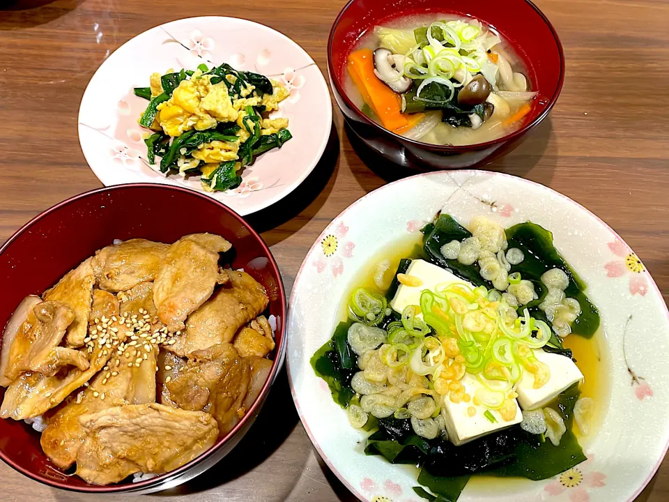 Snapdishの料理写真:豚丼　豆腐のおつゆ煮　色々野菜の味噌汁　ニラ玉|おさむん17さん