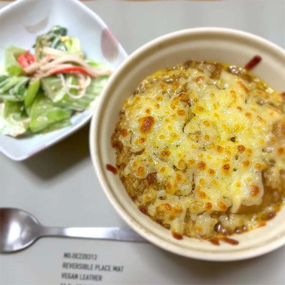 2023/03/22 カレードリア、チンゲン菜とカニカマの胡麻マヨサラダ|kykyさん