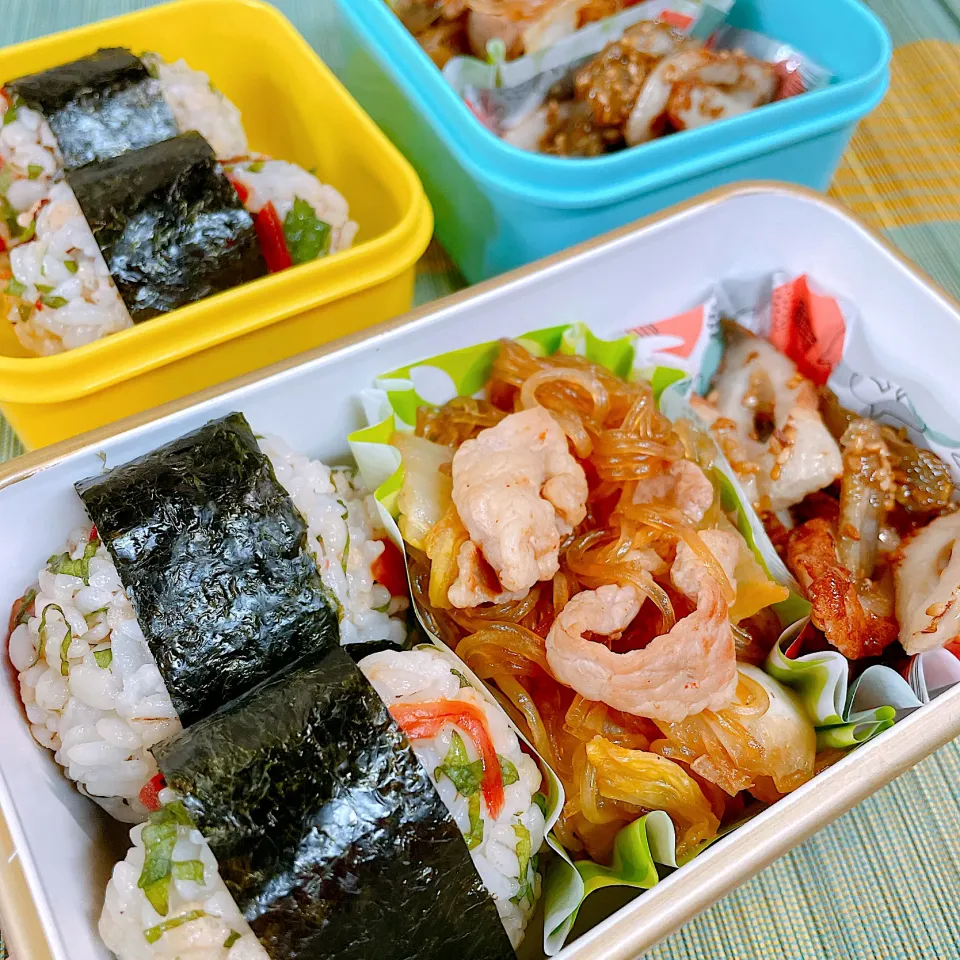 Snapdishの料理写真:福神漬けと大葉のおにぎり♡豚肉と白菜と春雨の中華炒め♡ごぼうとちくわの甘辛炒め♡|まゆかさん