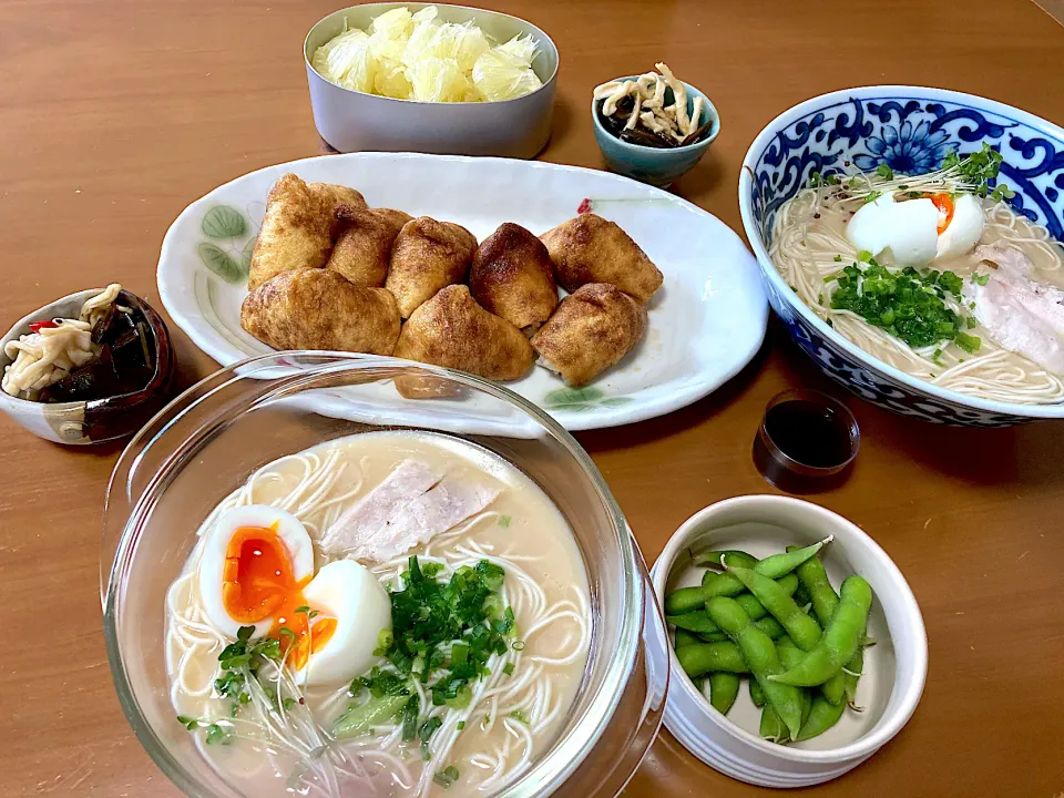 おいなりさん、枝豆、はりはり漬け、野草酵素、文旦、グリーンコープのとんこつラーメン♪ﾋｻ(#>∀<#)ﾌﾞﾘ♪|さくたえさん