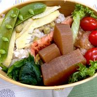 焼鮭、ハンバーグ、大根煮とタケノコご飯🍱