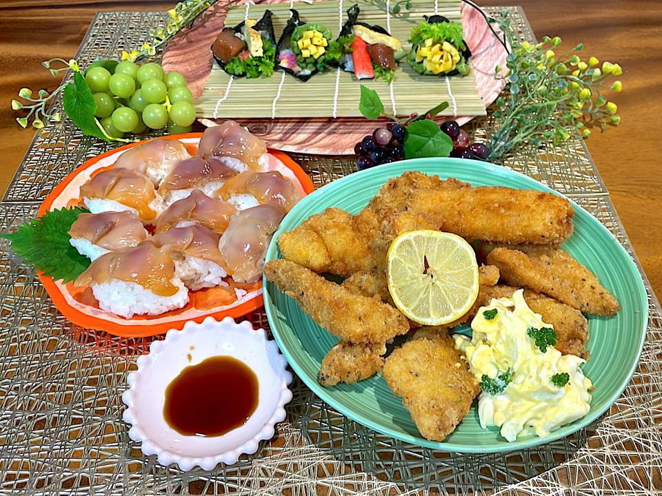 あぶらかれいのフライ🐟赤貝のにぎり🍣手巻き寿司★