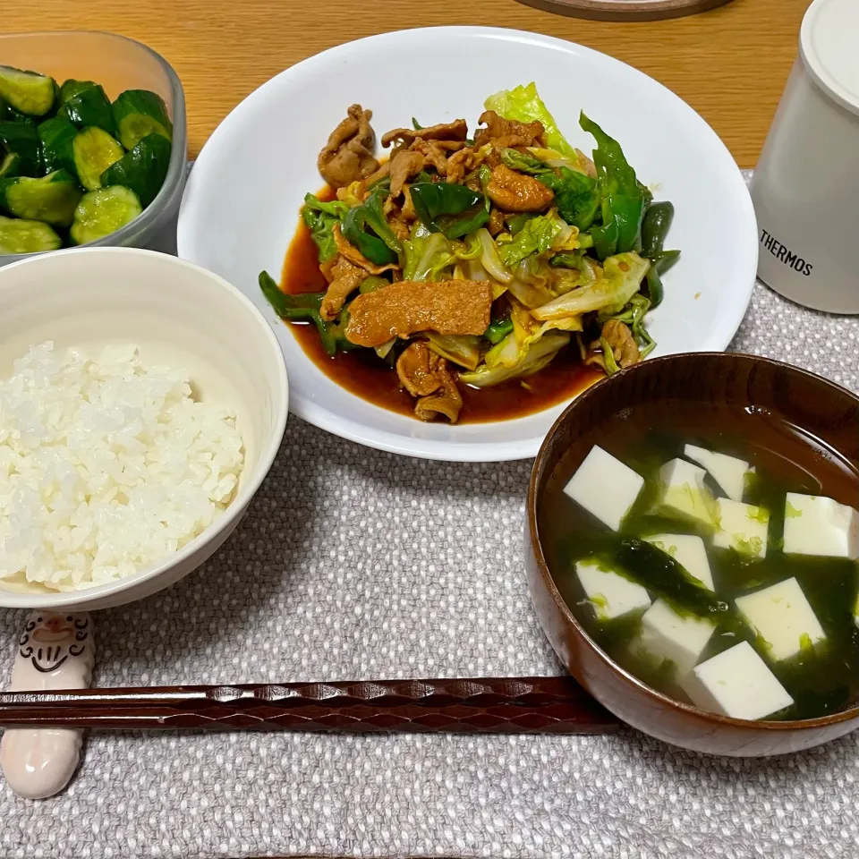 回鍋肉、あおさのすまし汁、きゅうりのごま油風味の浅漬け|meryleさん