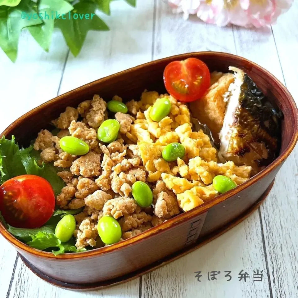 今日のお弁当。
鶏そぼろ&卵そぼろ。
塩さば、厚揚げ。|yoshiyoshiさん