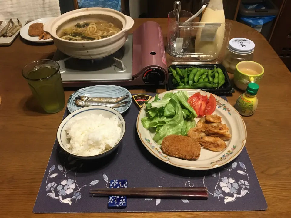 コロッケと甘海老唐揚げと樺太子持ちししゃもの塩焼き(夕飯)|enarinさん