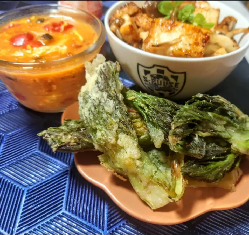 たらの芽 焼き天ぷら
しめじ厚揚げ照り焼丼
ふわたま赤茄子スープ|マギーさん