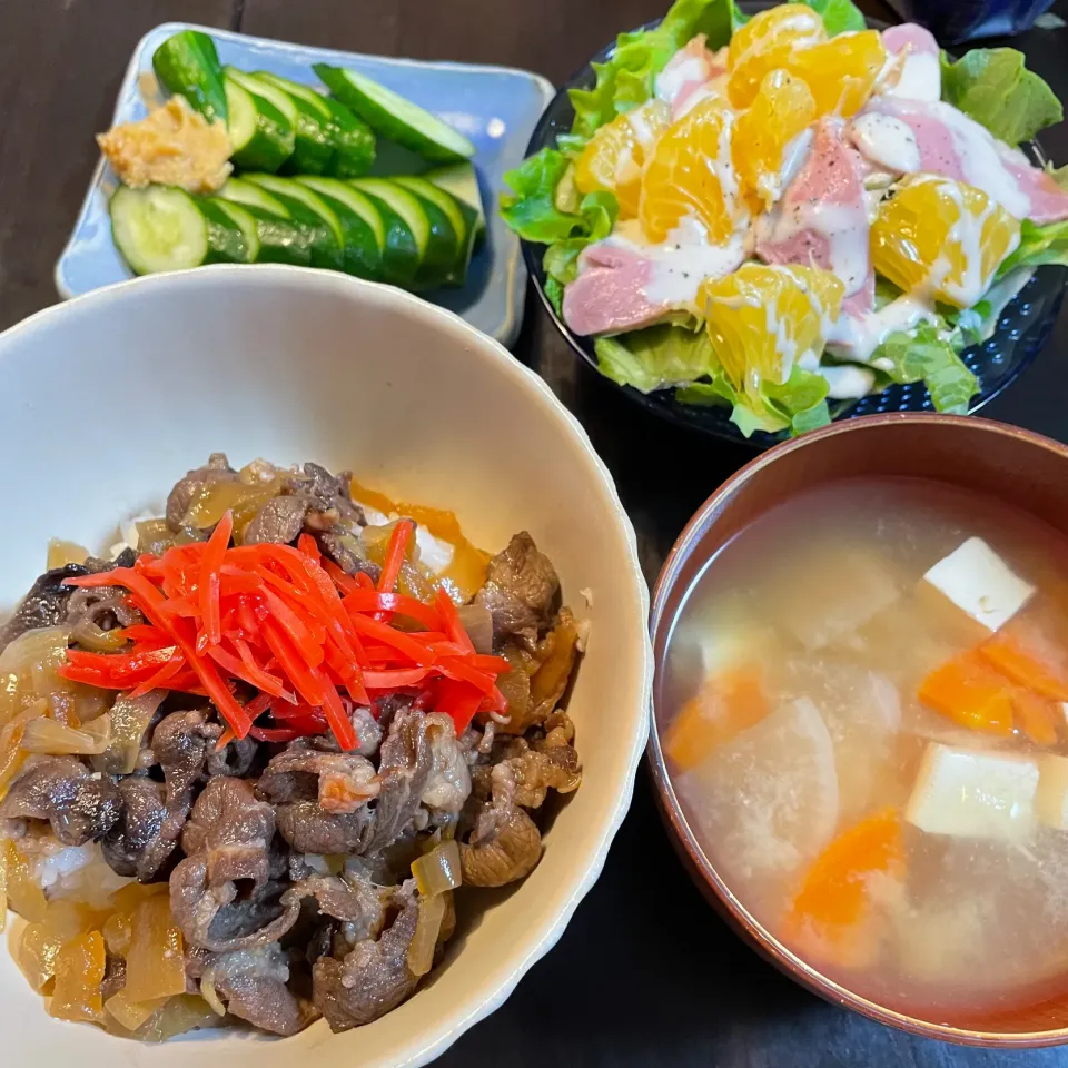 牛丼、けんちん汁、八朔と鴨ハムのサラダ|DKさん