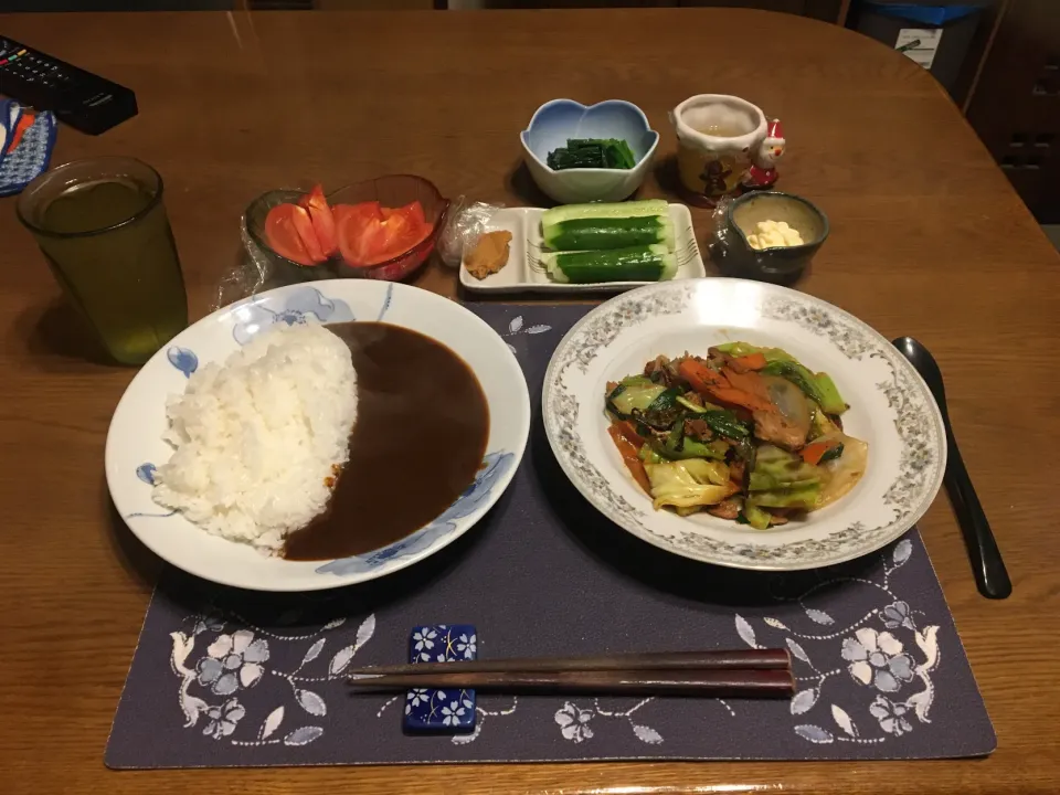 カレーライス、大豆ミートの肉野菜炒め(夕飯)|enarinさん