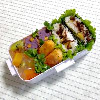#栗ご飯サンド(いかなごくぎ煮) 春巻き 紫芋コロッケ フルーツ寄せ