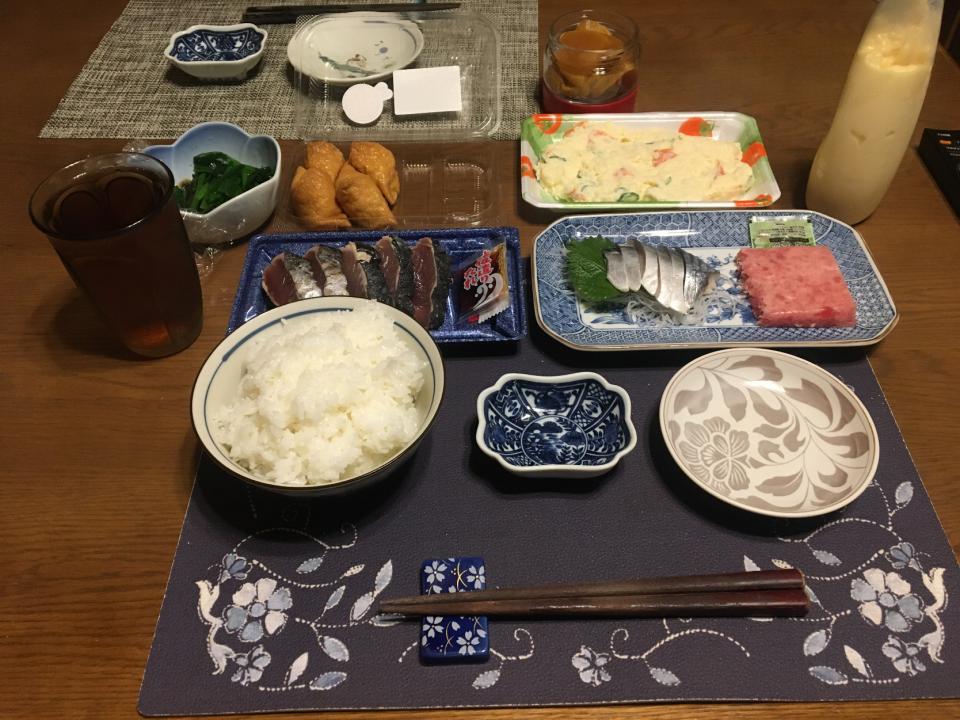鮪のたたき、鰹のたたき、しめ鯖(夕飯)