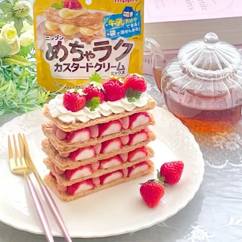 「めちゃラクカスタードクリームミックス」を使ってみたSnapdishの料理・レシピ写真:🍓苺カスタードミルフィーユです(∩ˊᵕˋ∩) .ﾟ♡