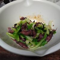 うるいとほたるいかのラー昆ポン(ラー油、塩昆布、ポン酢)和え