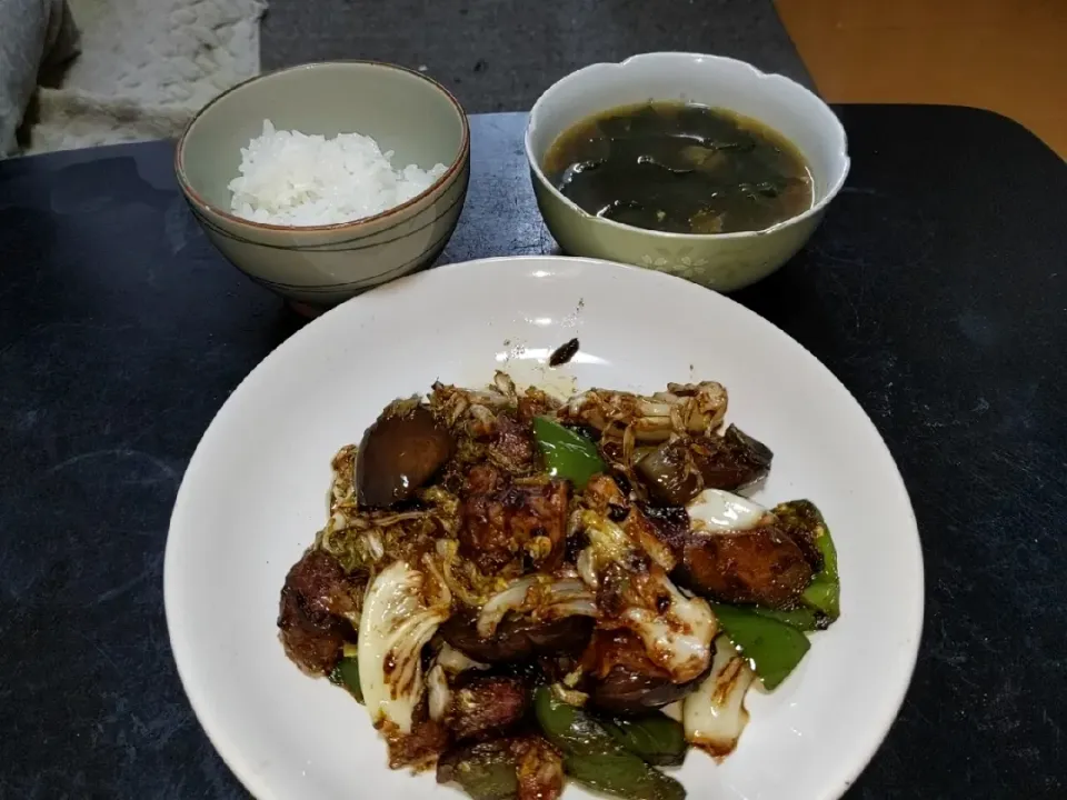 Snapdishの料理写真:春キャベツに茄子を併せた欲張り回鍋肉定食食して夜勤に備え就寝します🛏|Tarou  Masayukiさん