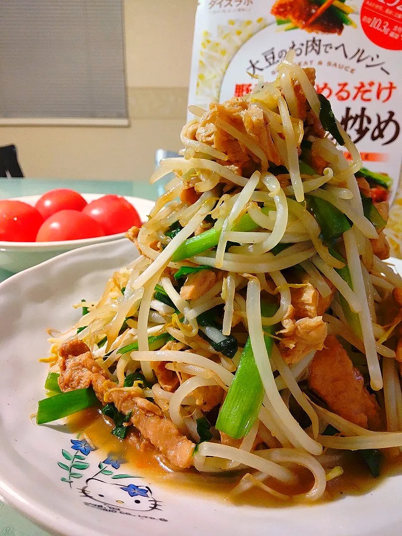 Snapdishの料理写真:大豆ミートでニラもやし炒め❗|かずにゃさん