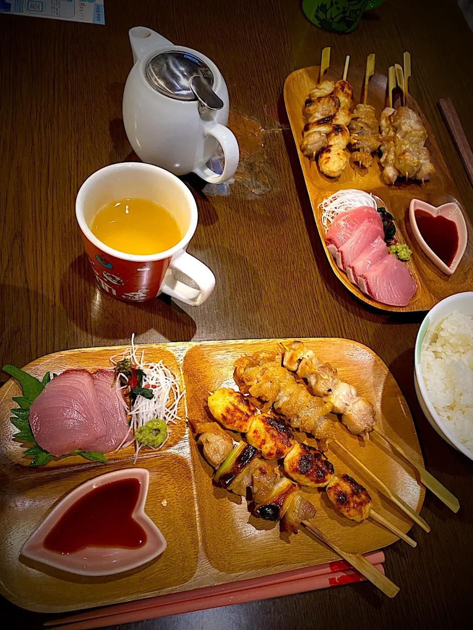 塩焼き鳥　もも　ねぎま　つくね　皮　　鰤お刺身　お茶|ch＊K*∀o(^^*)♪さん