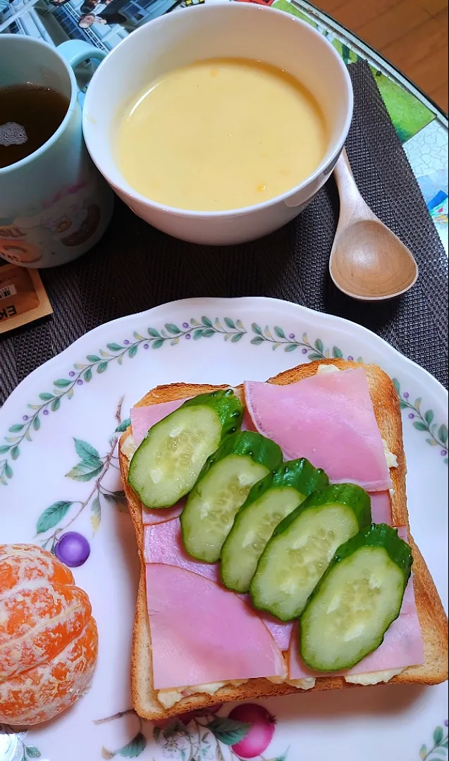 ハムチーズきゅうりのせて朝ご飯🌅|ポチさん