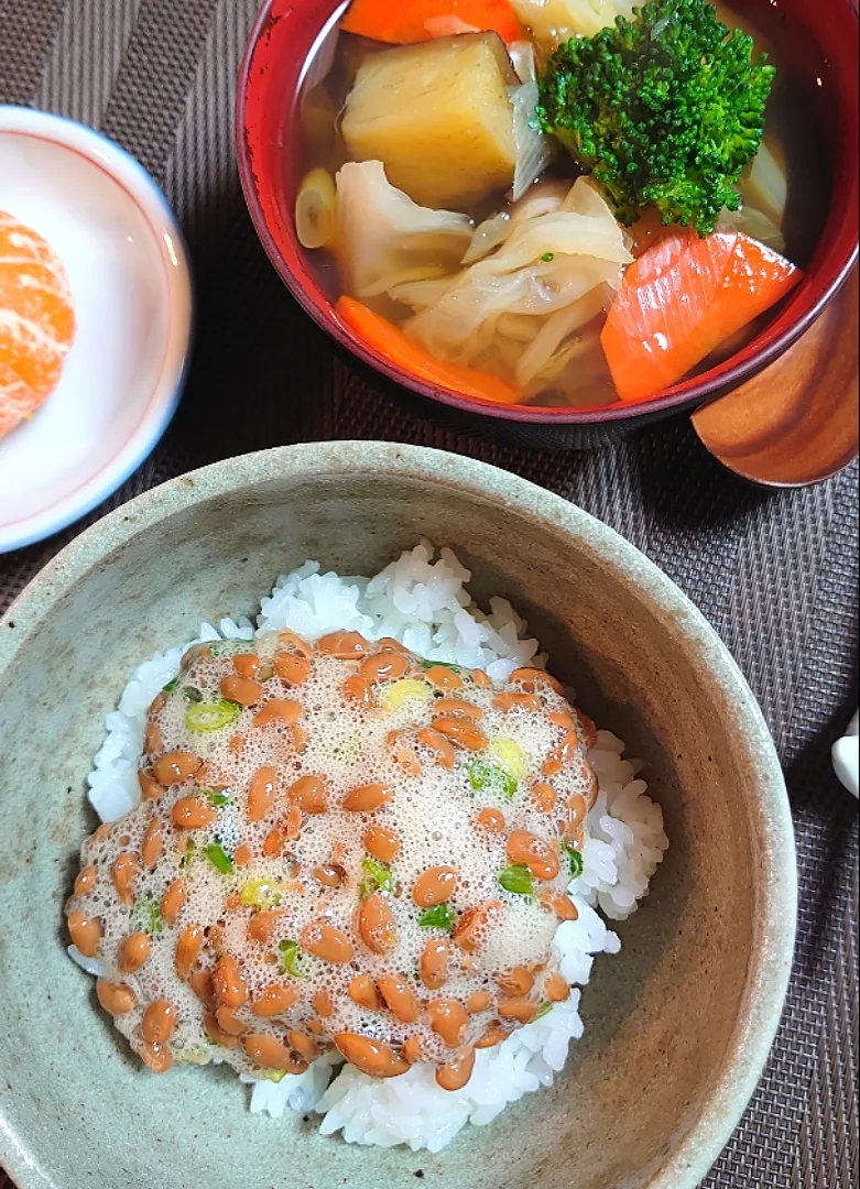 納豆ご飯と野菜汁で朝ご飯🌅|ポチさん