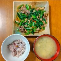 2023 0320　小松菜と牛肉のスタミナ炒め　豆腐とわかめのお味噌汁
