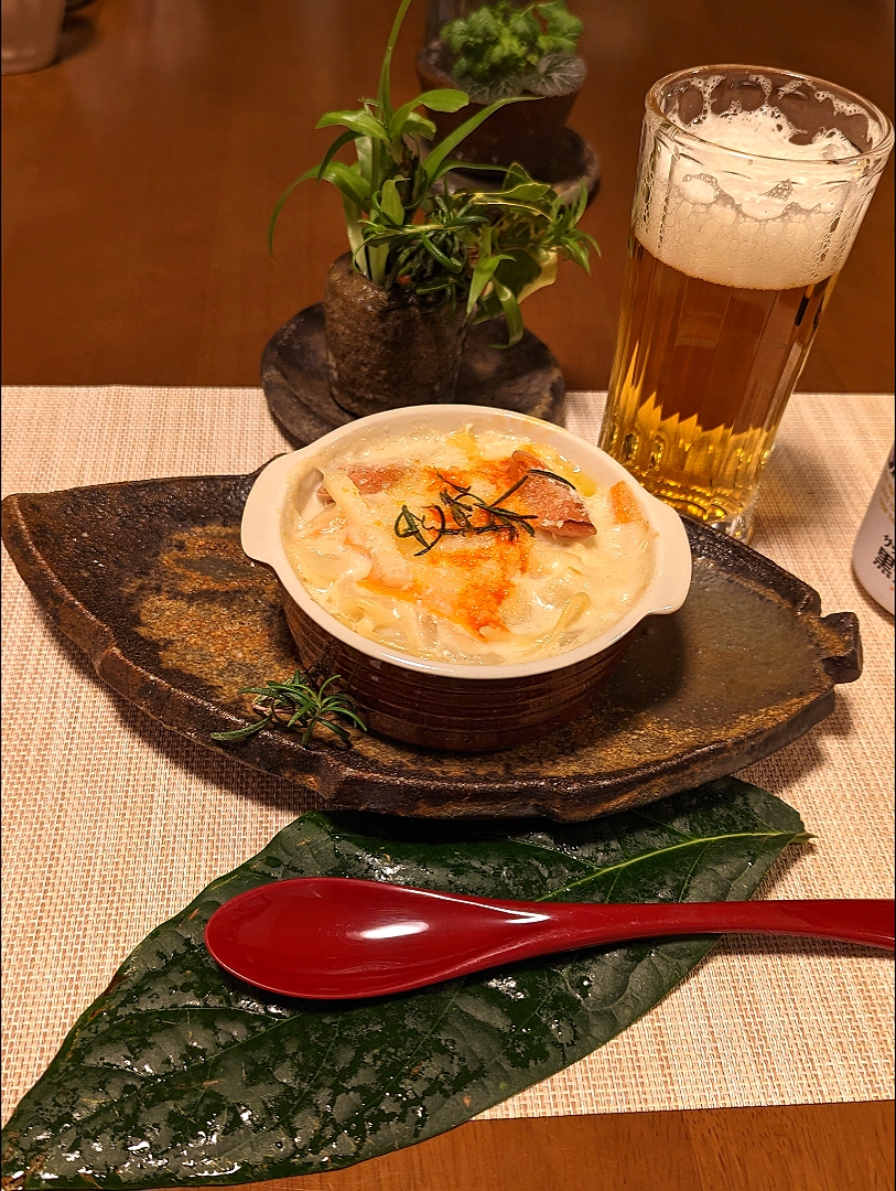 新たま＆ポテトショートパスタグラタン
ローズマリーのせ🌱🍻
