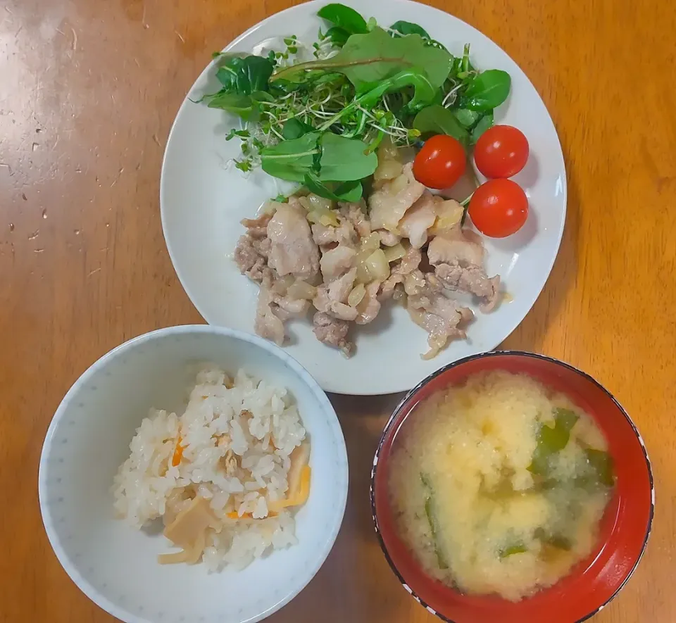 Snapdishの料理写真:2023 0322　たけのこご飯　豚肉と玉ねぎの塩麹炒め　サラダ　豆腐とわかめのお味噌汁|いもこ。さん