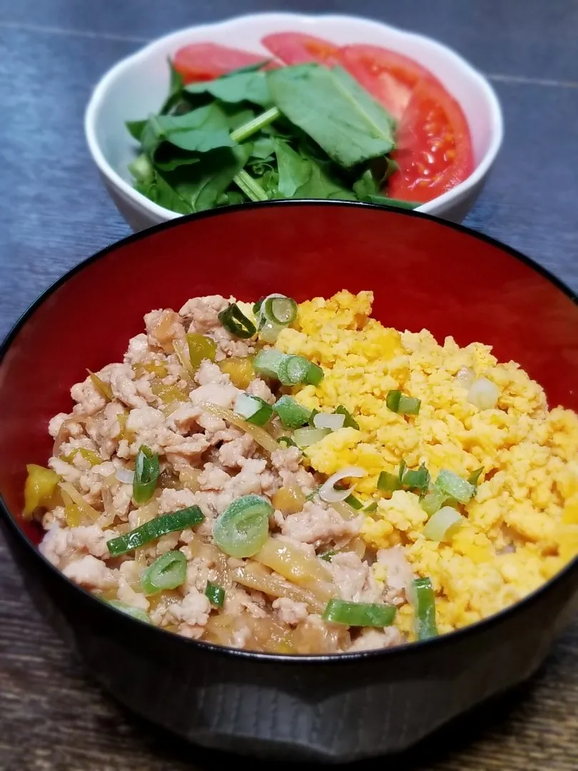 ねぎそぼろ丼とほうれん草サラダ|ぱんだのままんさん